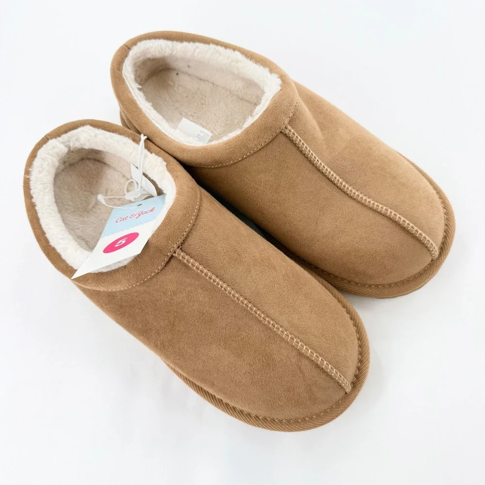 Cat & Jack Nola Brown Faux Suede Faux Fur Lined Slippers Kids Size 5 NWT